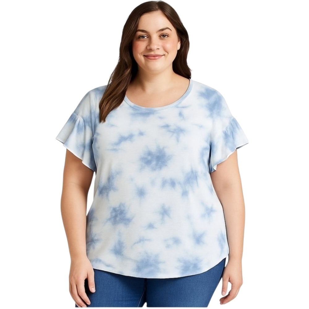 Jane and Delancey Blue White Tie Dye Flutter Sleeve Top Women’s 1X Soft Casual